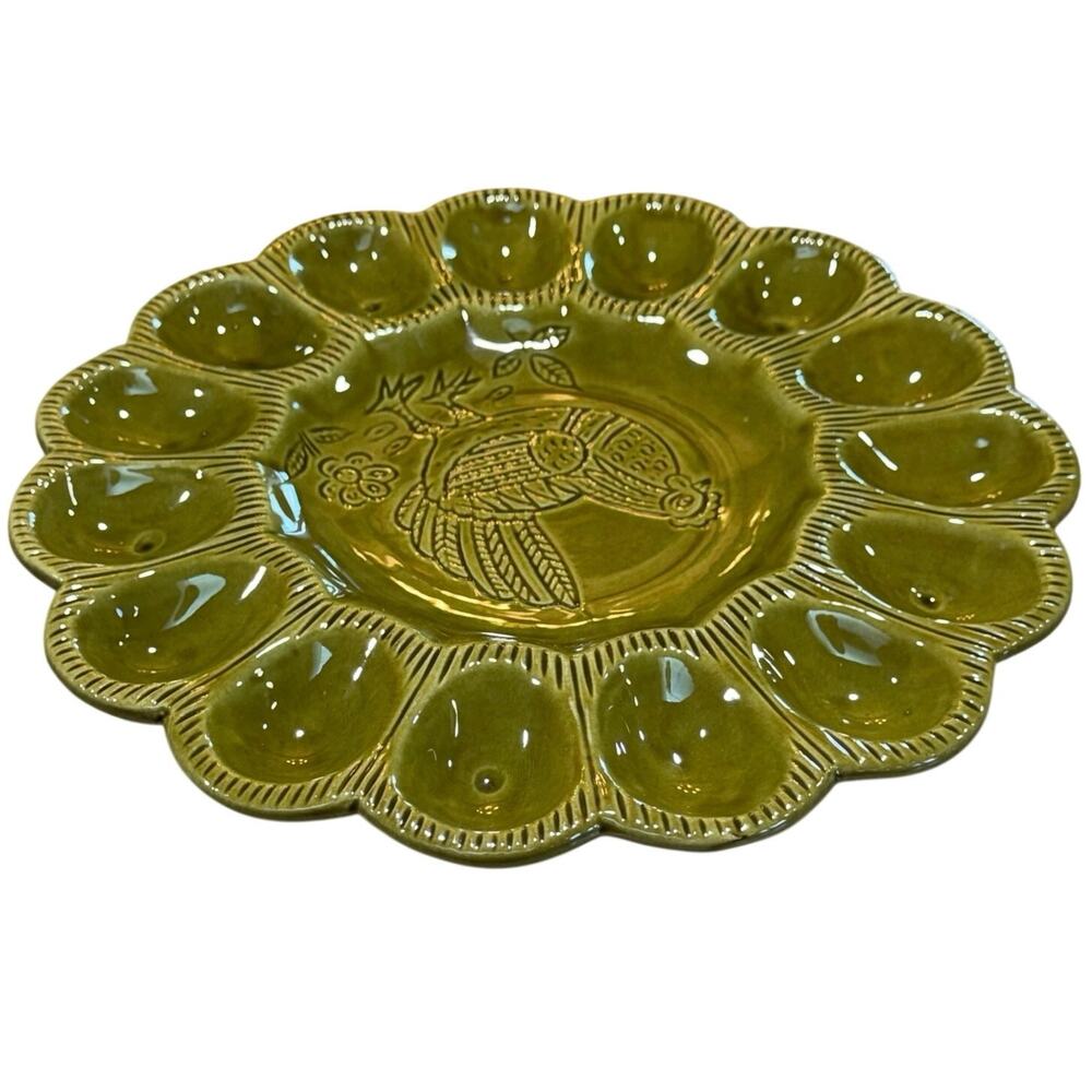 Vintage CALIF USA S 29 Deviled Egg Platter Avocado Green Chicken Folk Art - Picture 6 of 11